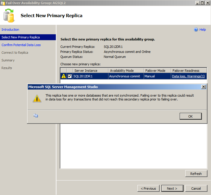 Select New Primary Replica Dialog.