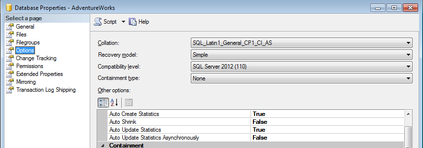 Database properties window.
