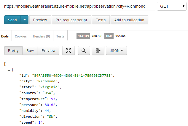 Azure Mobile Services monitoring tool window.