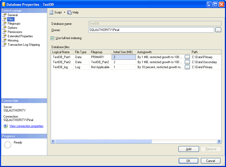 Database table file path settings.