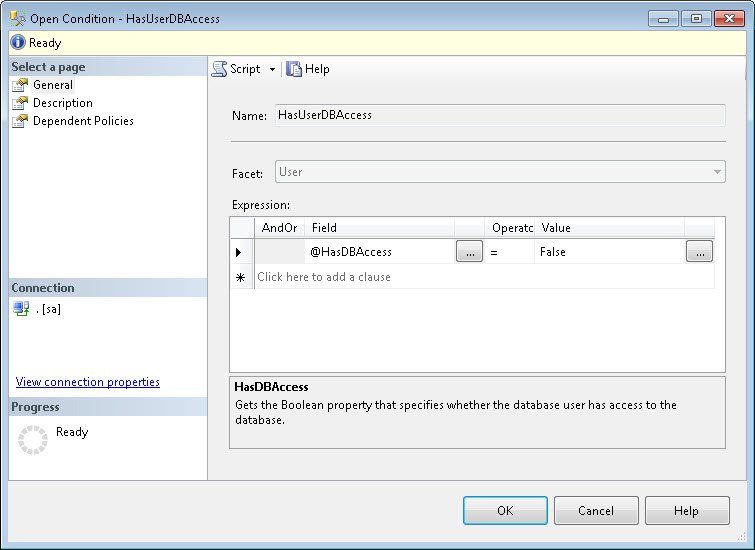 SQL Server HasDBAccess query window.