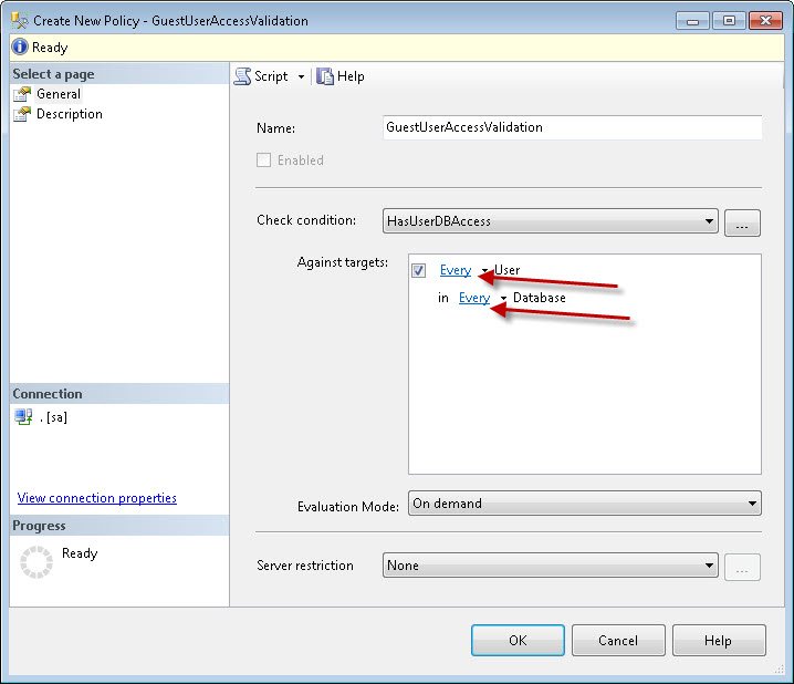 Guest User Access Validation policy in SQL Server Policy-Based Management.