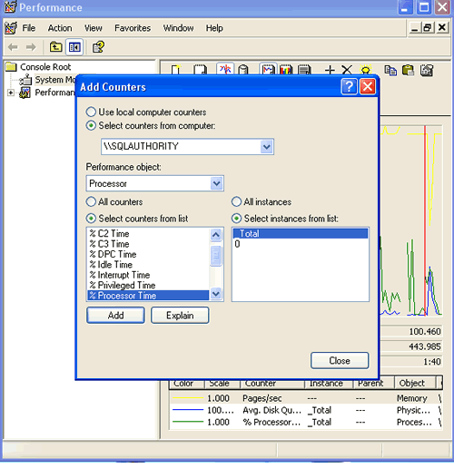 Performance counter dialog.