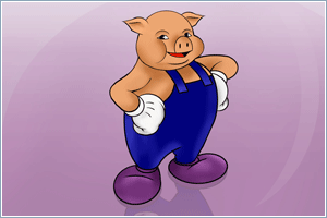 Cartoon pig wearing blue overalls and purple shoes.