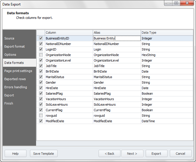 Data Export window.