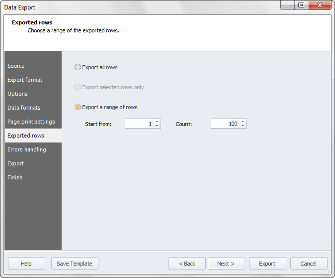 Data Export window.