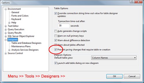 Database designer options.