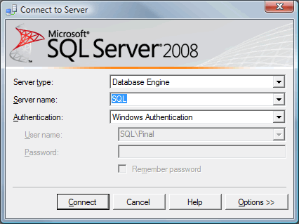 SQL Server authentication settings.