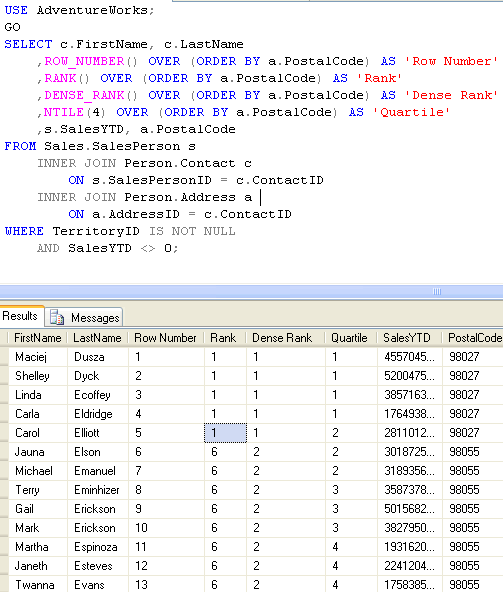 Sql server query results window.