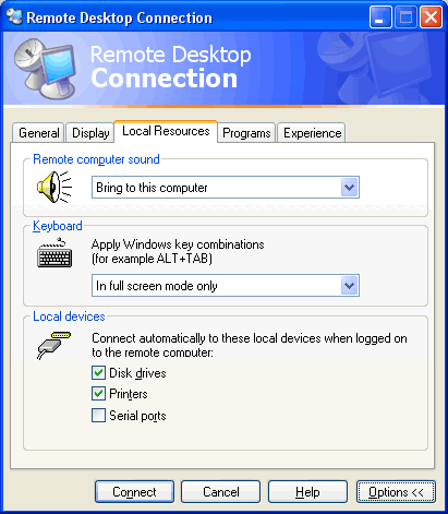 Remote Desktop Connection settings.
