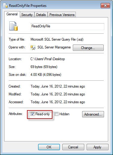 SQL Server Query File properties.