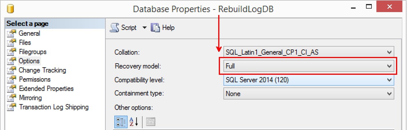 Database properties for rebuild logdb.