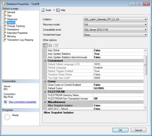 Database Properties window.