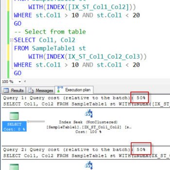 Execution plan showing SQL query and cost.