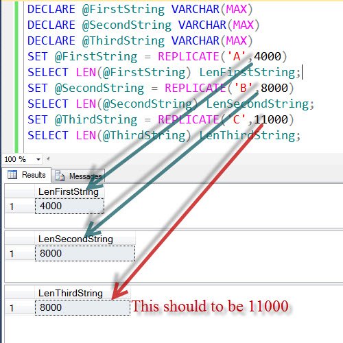 SQL Server query result window.