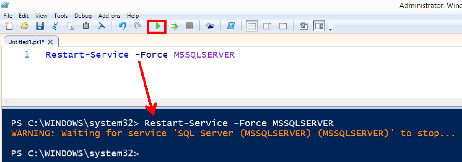 Restart-Service PowerShell command in Notepad++.