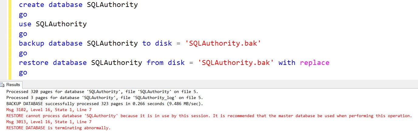 SQL Server backup and restore command window.