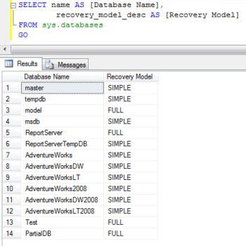 Database Recovery Model Window.