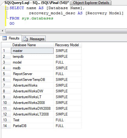 Database Recovery Model Window.