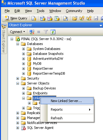SQL Server Management Studio, Object Explorer, New Linked Server.