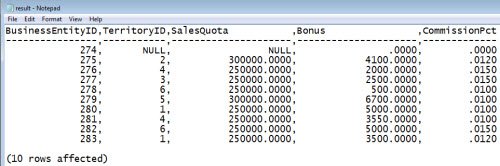 SQL server query results.