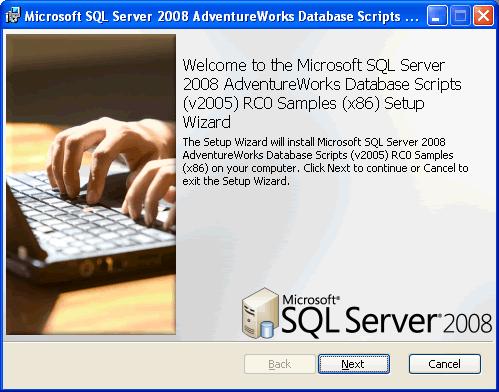 SQL Server 2008 AdventureWorks Database Scripts Setup Window.