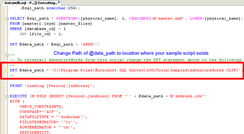 Set @sql_path TO locate your sample script exists.