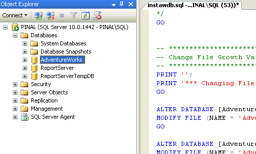 Alt text 'SQL Server Object Browser window showing AdventureWorks and database objects.