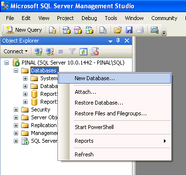 Right-clicking on new database in SQL Server Management Studio.