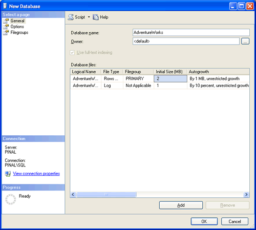 Database file properties.