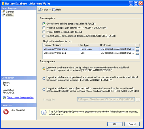 Restore Database wizard window.