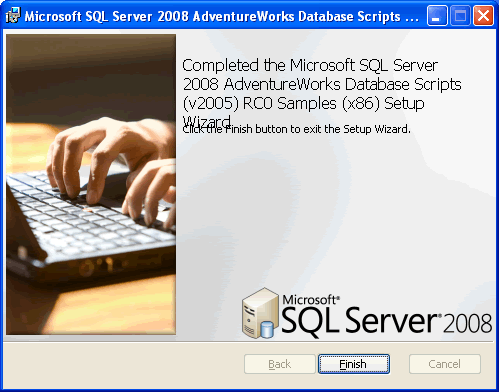 Finish button for SQL Server database script setup.