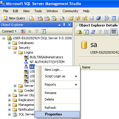 SQL Server Management Studio Properties Window.
