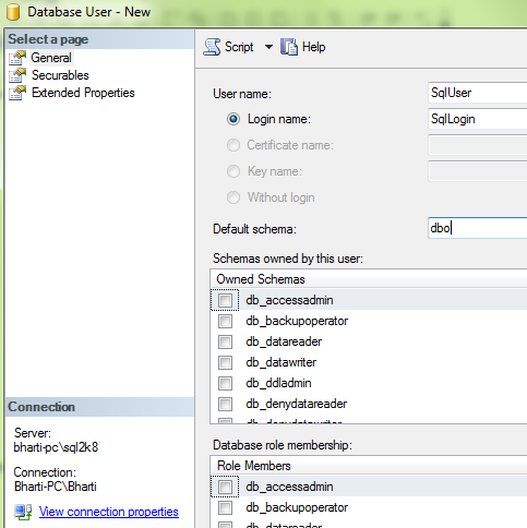 SQL Server database user wizard.