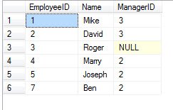SQL Server' query results in table.