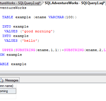 SQL Server Management Studio query window for Adventure Works database.