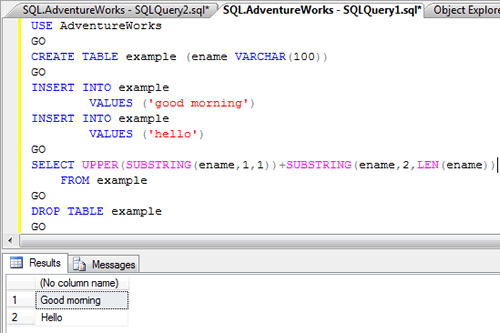 SQL Server Management Studio query window for Adventure Works database.