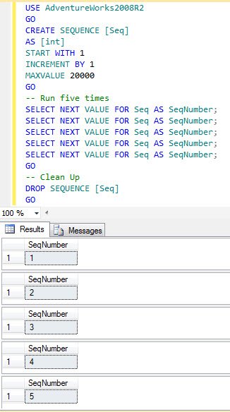 SELECT NEXT VALUE FOR Seq As SeqNumber.