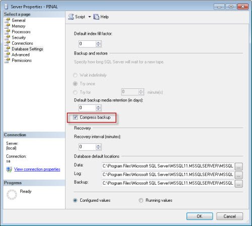 Server properties window.