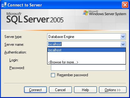 SQL Server 2005 connection window.