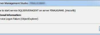 Service Logon Failure (ObjectExplorer) dialog box.