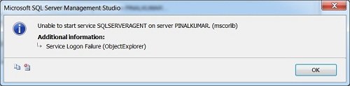 Service Logon Failure (ObjectExplorer) dialog box.