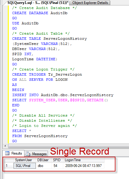 Sql Server Single Record Explorer Tool Window.