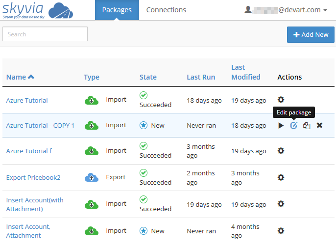 Azure ETL Package Window.