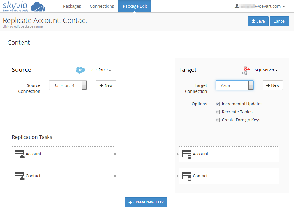 Skyvia - Replicate Account, Contact' window.