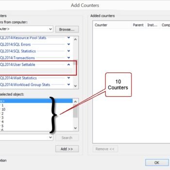 Counters selection window in SQL Server Management Studio.
