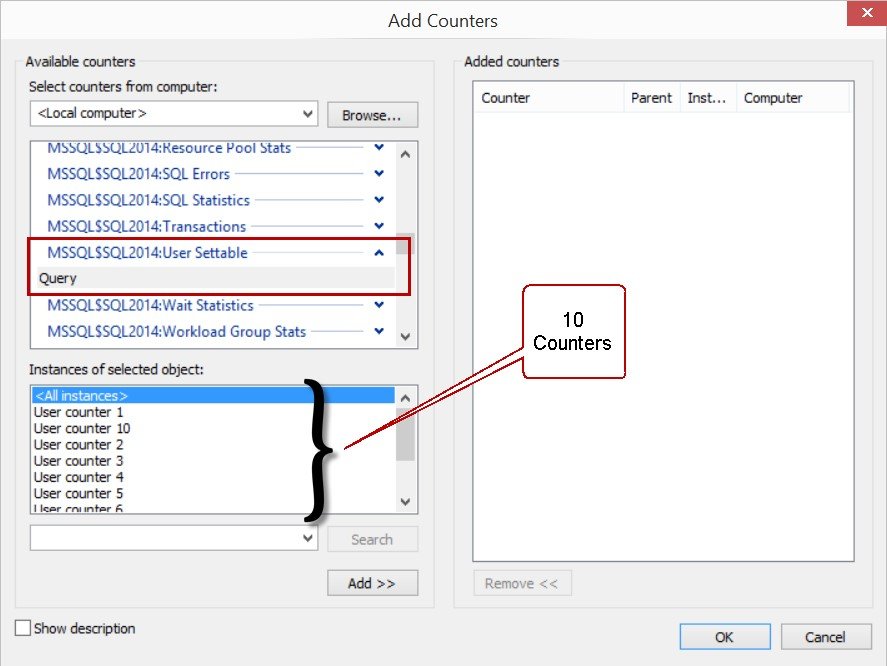 Counters selection window in SQL Server Management Studio.
