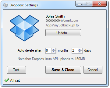 Dropbox Settings Window.
