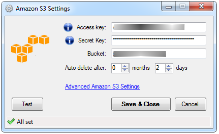 Access key, secret key, bucket, auto delete after, advanced amazon s3 settings.