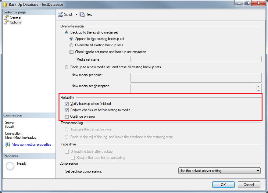 Options tab in backup settings.